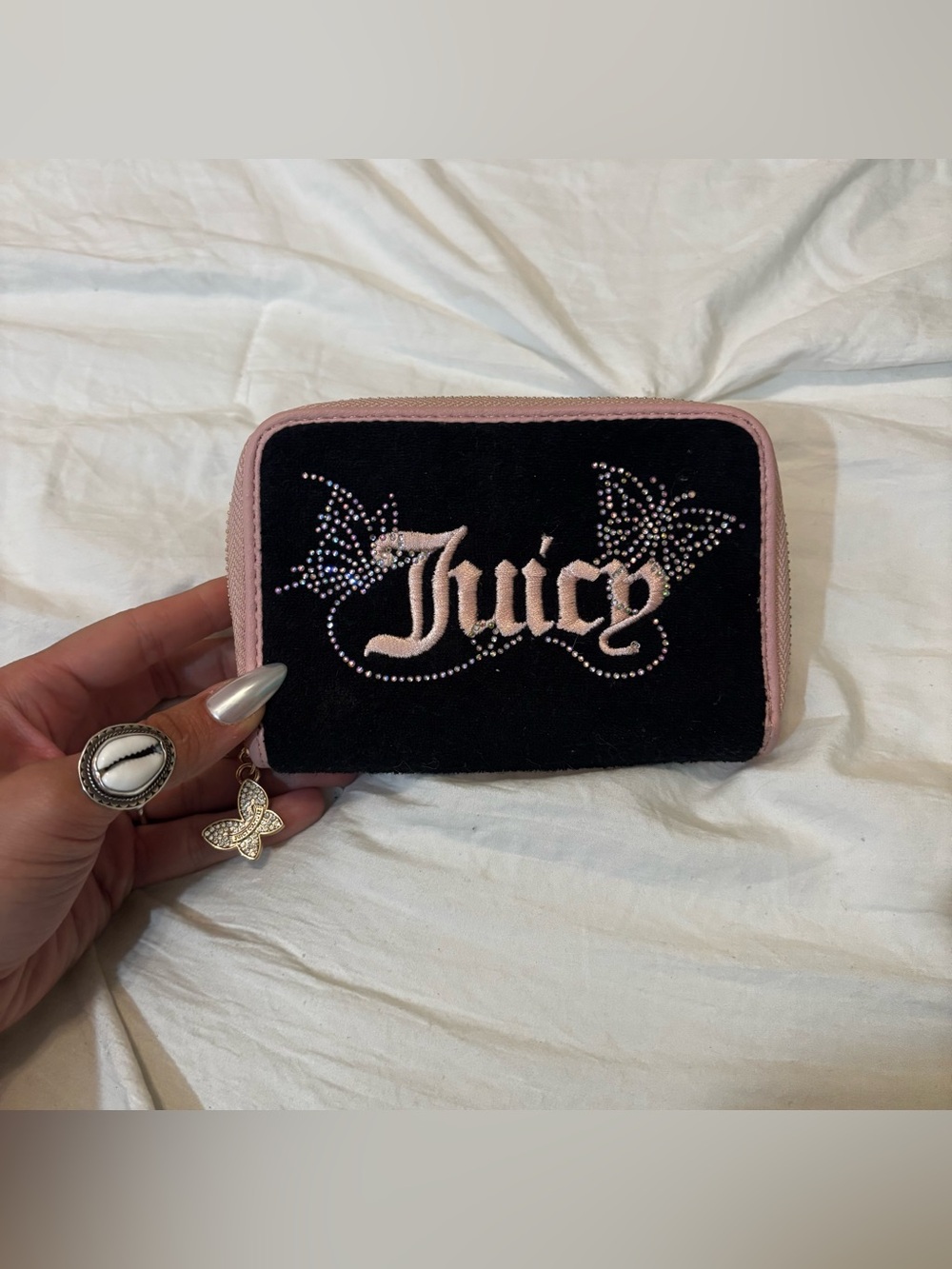 Juicy Couture Black and Light Pink Velvet Zip Wallet with Rhinestone Butterflies